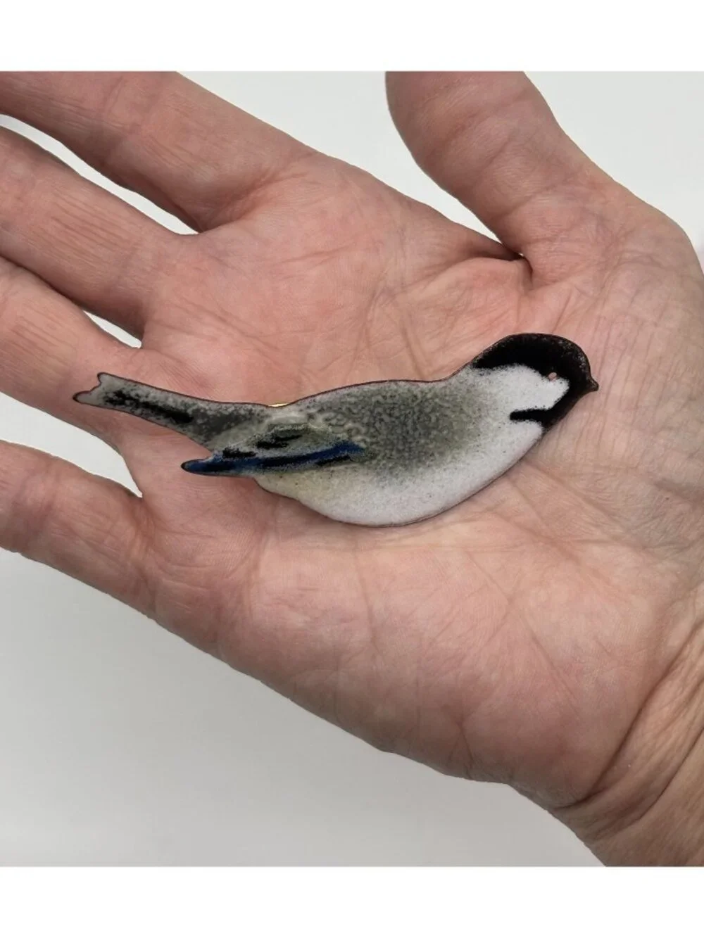 Vintage Artisan Black Capped Chickadee Bird Brooch Enamel on Copper and Unsigned